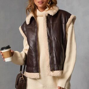 NWT Brown Faux Leather Vest with Cream Trim